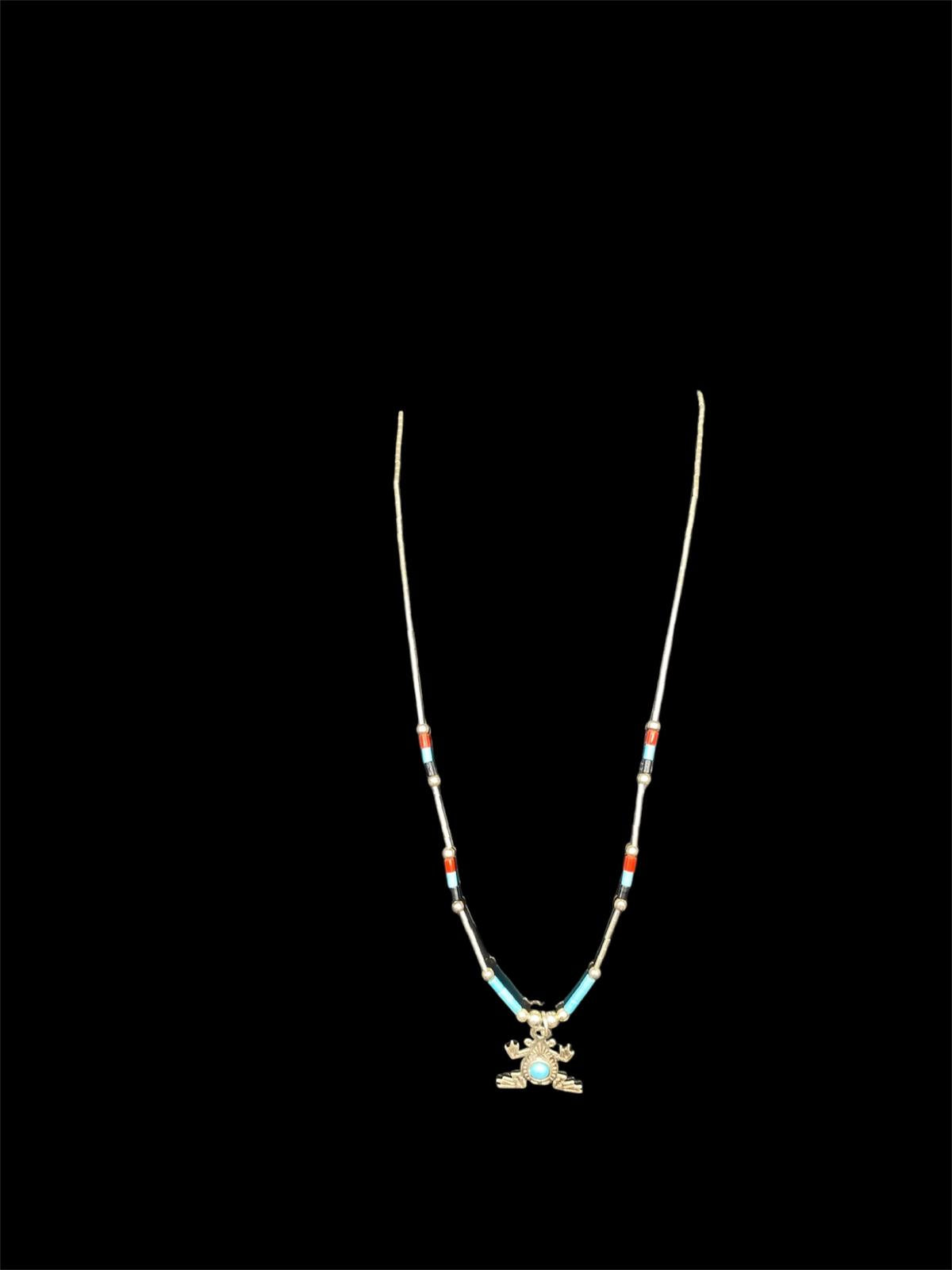 Handgefertigte 925er Silber-Halskette mit Indianer-Frosch-Anhänger 45 cm lang