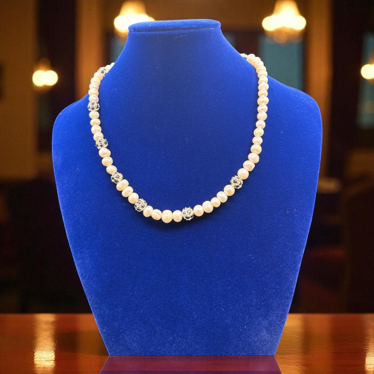 Magnetische Süßwasserperlenkette 47 cm – Mit Glitzernden Strass-Zwischenperlen