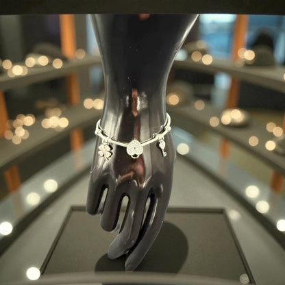 925 Sterling Silber Charm Armband – Herz, Glücksklee & Schlüssel – 9–10g – Geschenk für Sie